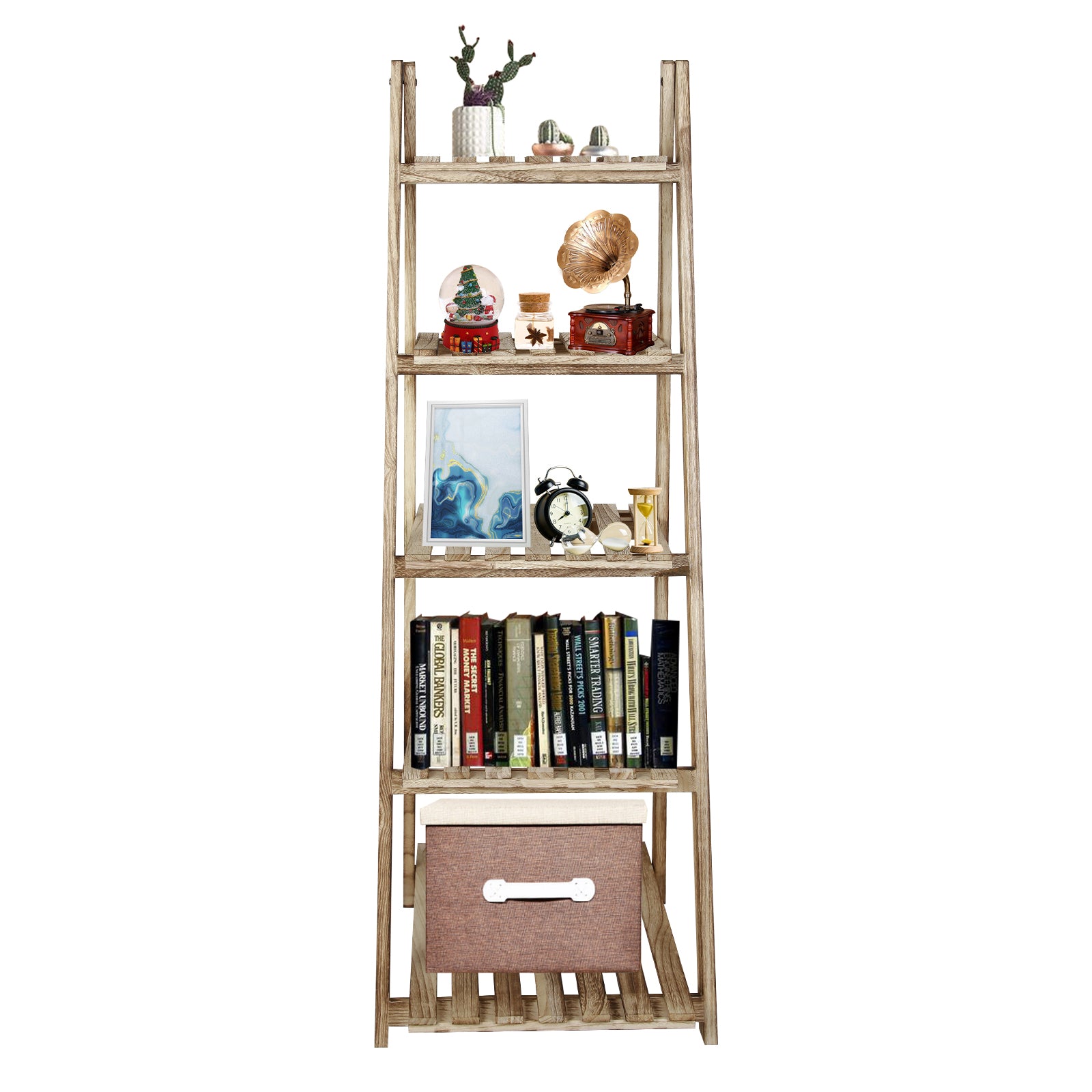 5-Tier Ladder Shelf Bookcase Storage Display Shelf Natural H148