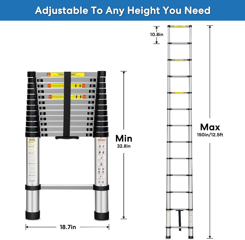Telescoping Ladder, 12.5FT Aluminum Extension Ladder with Non-Slip Feet, 330lbs Capacity V63483