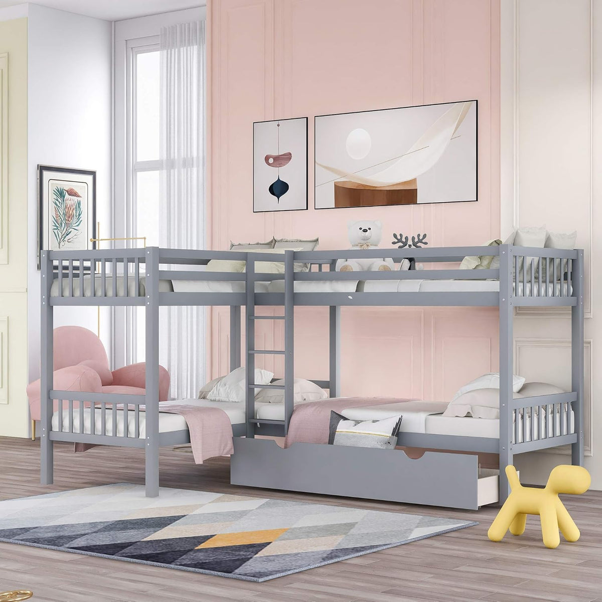 Grey Wood Twin Over Twin Bunk Beds with Storage Staircase and Guardrails C130