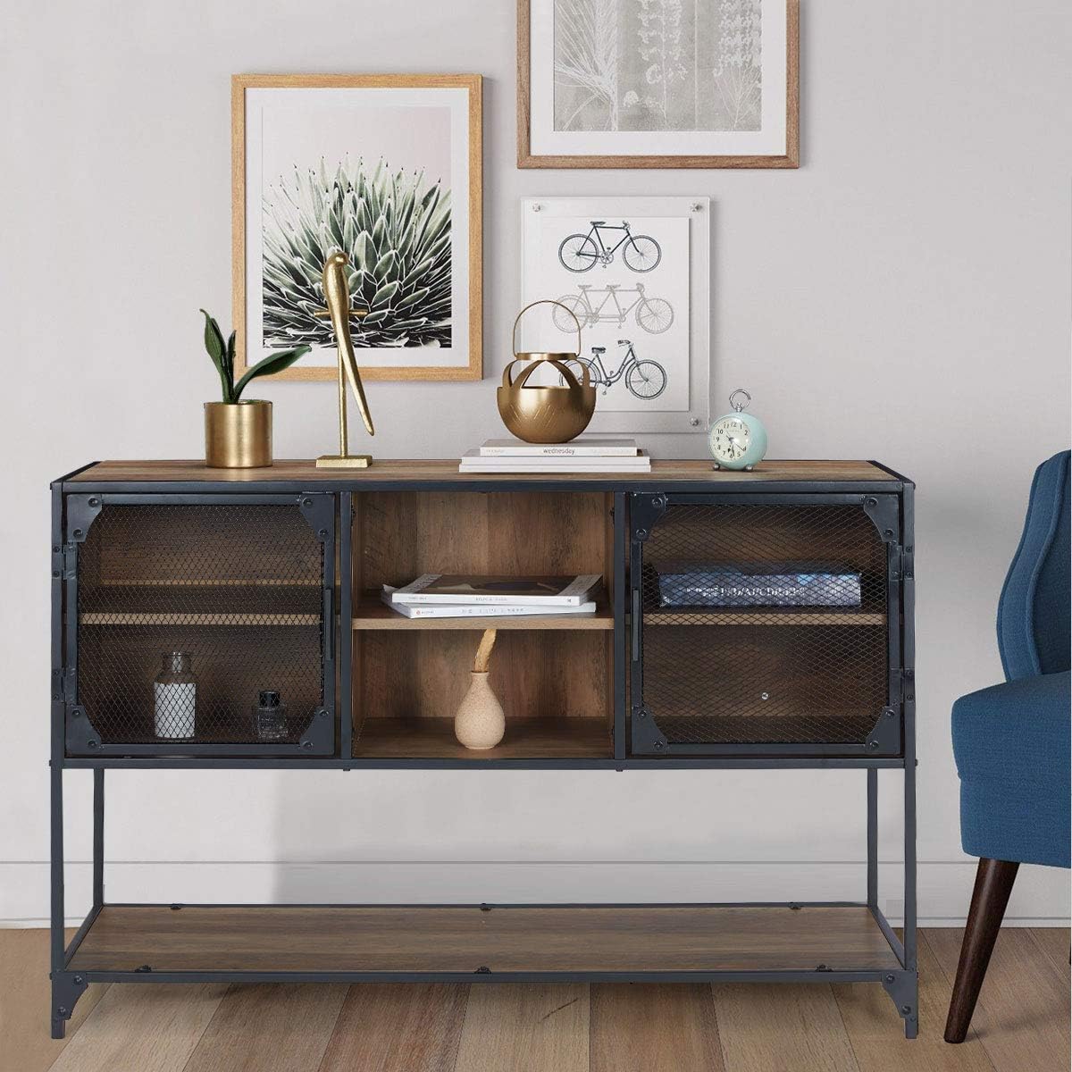 Rustic Brown Kitchen Storage Cabinet with Metal Mesh Doors and Adjustable Shelves S769