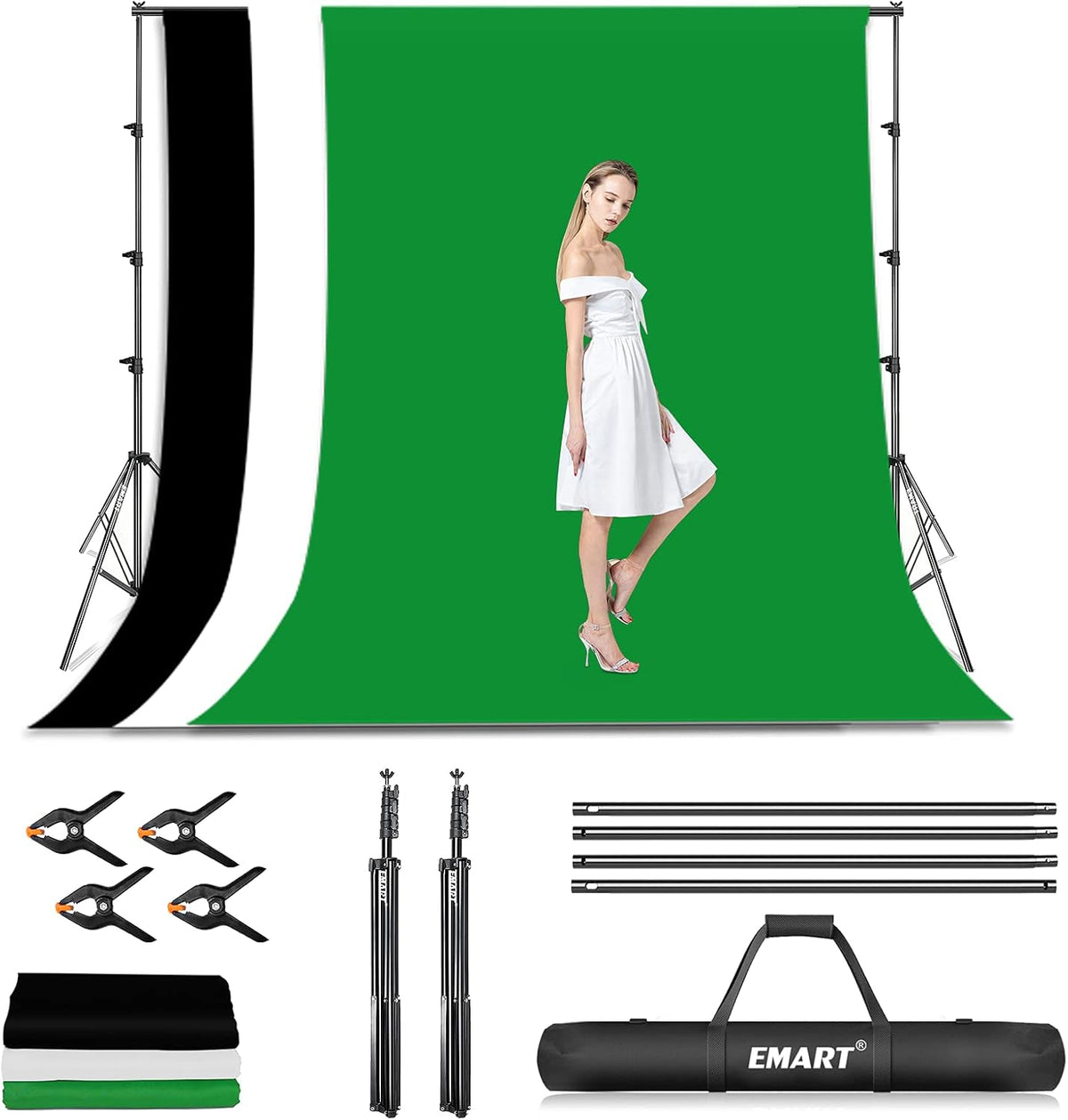 7×10ft Adjustable Photography Backdrop Stand Kit with Polyester Background, Spring Clamps and Carry Bag L300711