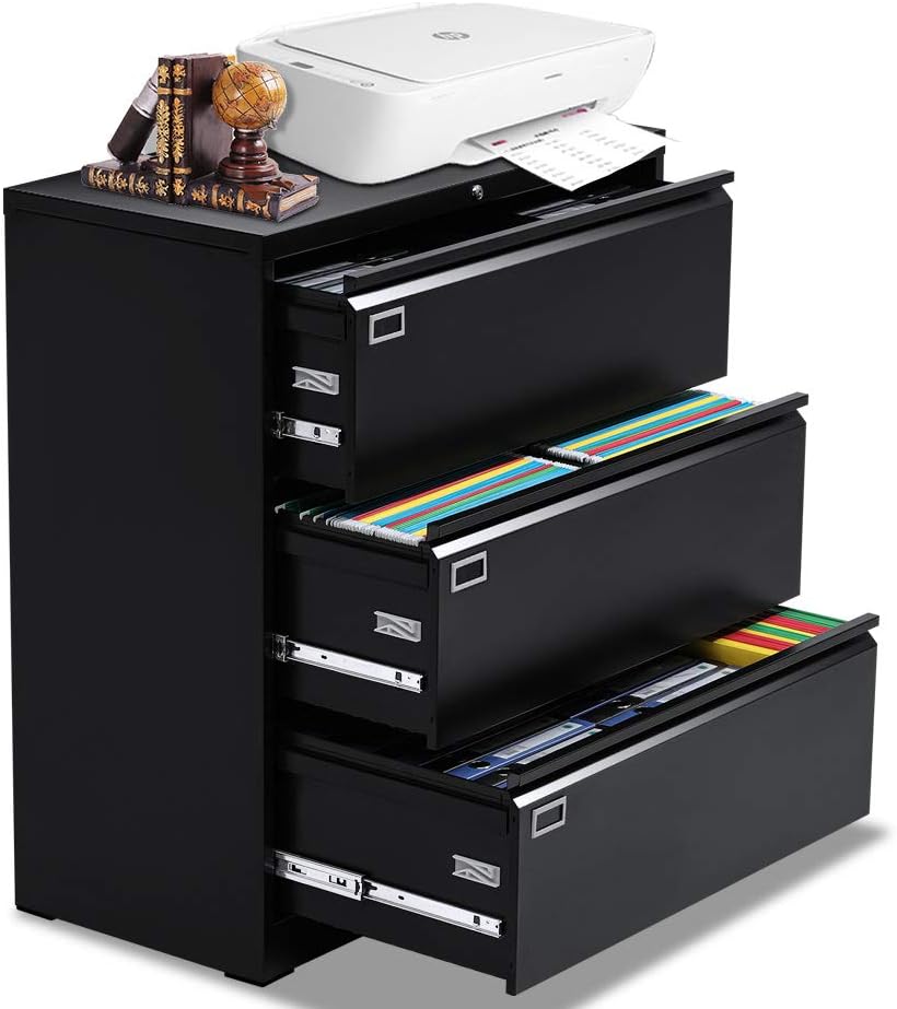 Black Mobile Filing Cabinet 3 Drawer with Lock Metal Wheels B107520