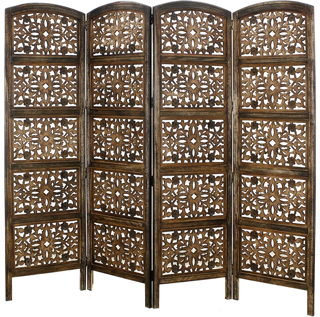 Antique Brown 4 Panel Handcrafted Wood Room Divider Screen J774