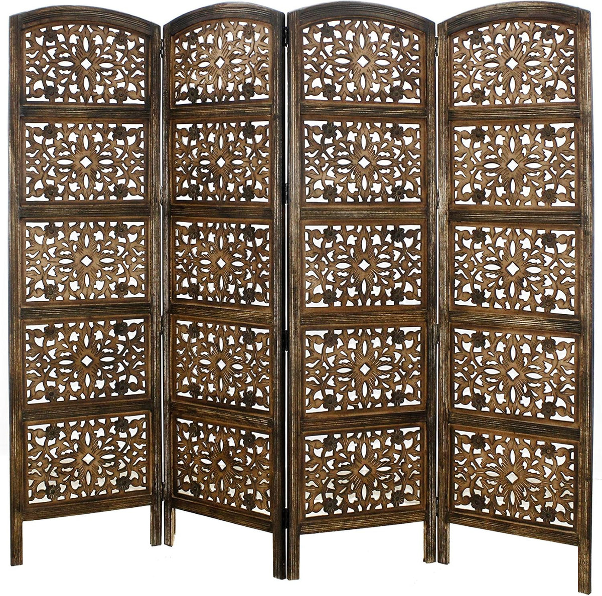 Antique Brown 4 Panel Handcrafted Wood Room Divider Screen J774