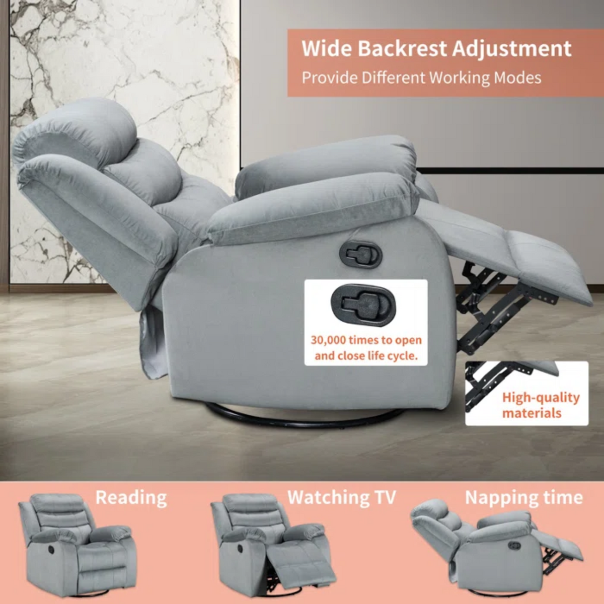 Gray Velvet Swivel Rocking Recliner Chair S54225
