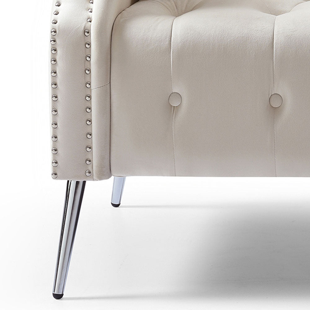 Beige Velvet Fabric Button Tufted Sofa with Roll Armrest and Metal Legs W48084