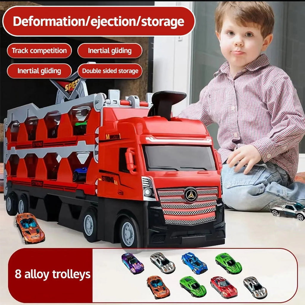 Mega Hauler Truck with Ejection Race Track, Folding Storage Transporter Toy with 8 Cars L30821