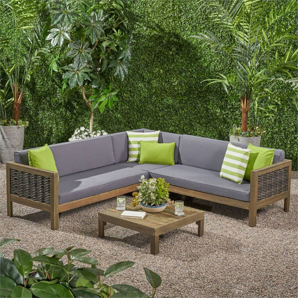 Gray 4 Piece Outdoor Wood and Wicker Sectional Sofa Set S263474