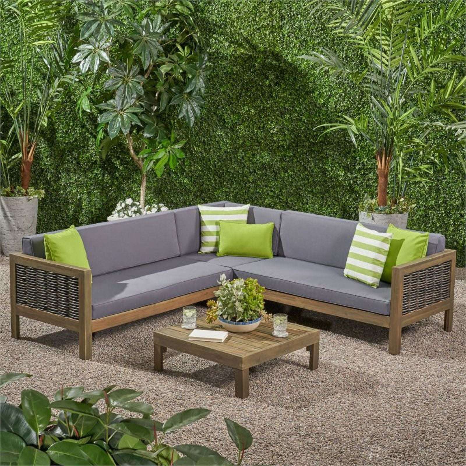Gray 4 Piece Outdoor Wood and Wicker Sectional Sofa Set S263474