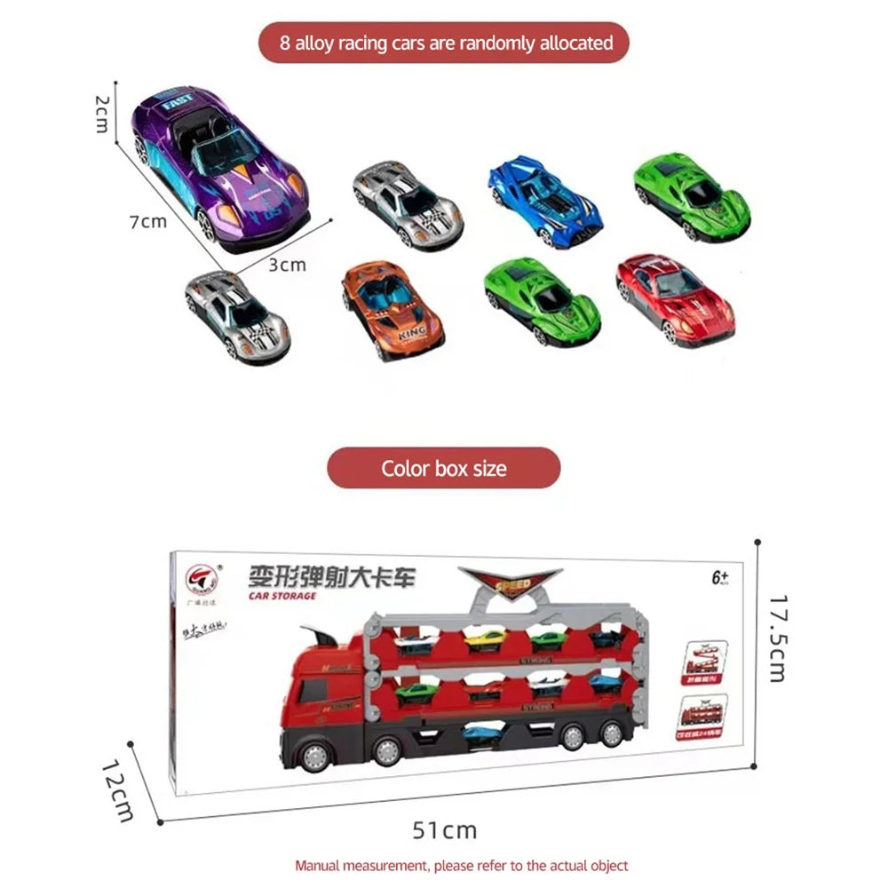 Mega Hauler Truck with Ejection Race Track, Folding Storage Transporter Toy with 8 Cars L30821