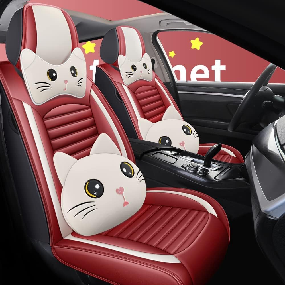 Black-Pink PU Leather Car Seat Cover 5-Seats J8674