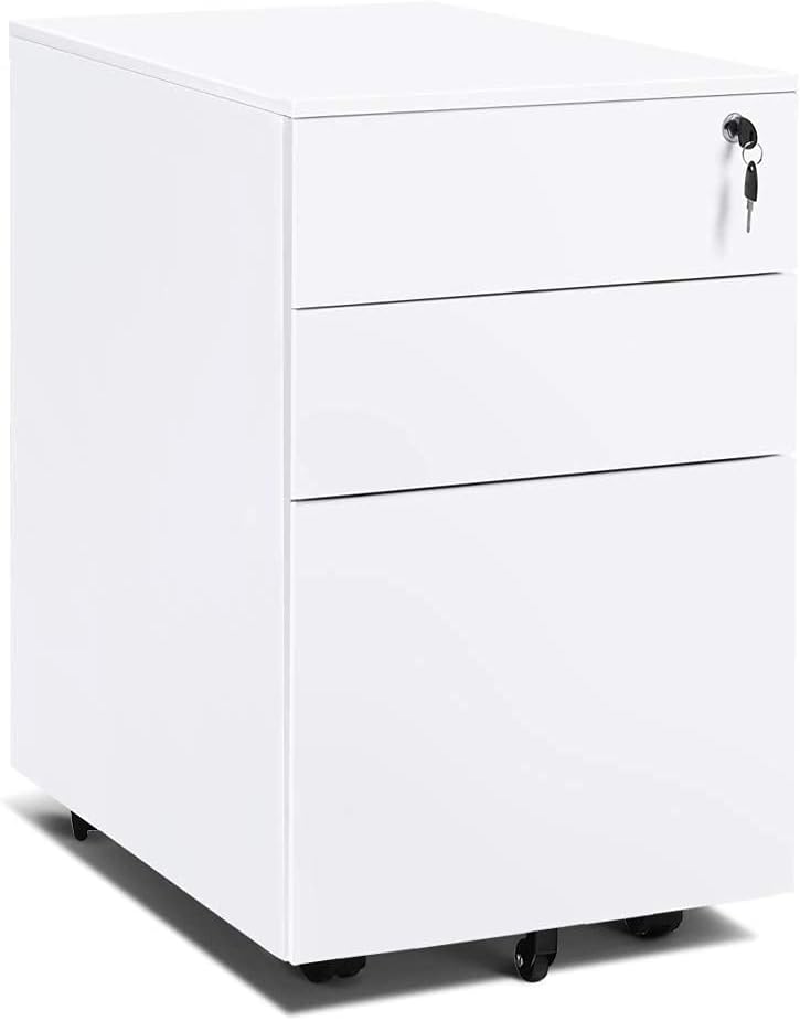 Black Mobile Filing Cabinet 3 Drawer with Lock Metal Wheels B107520