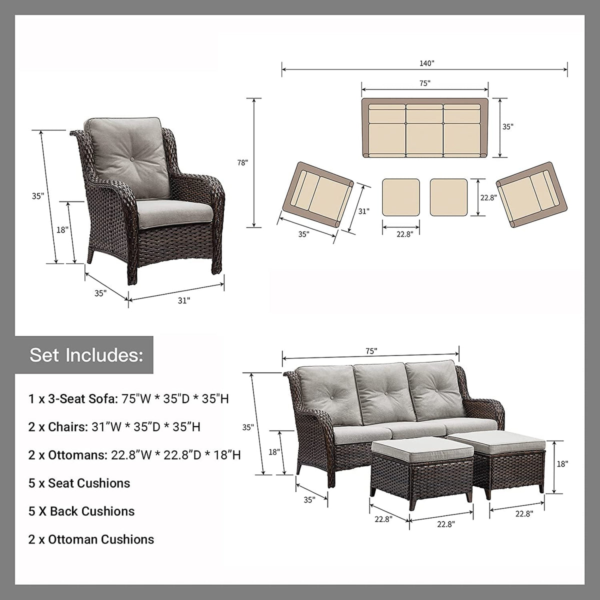 5 PC Brown Rattan Wicker Sectional Sofa Set with Ottoman Footrests K191