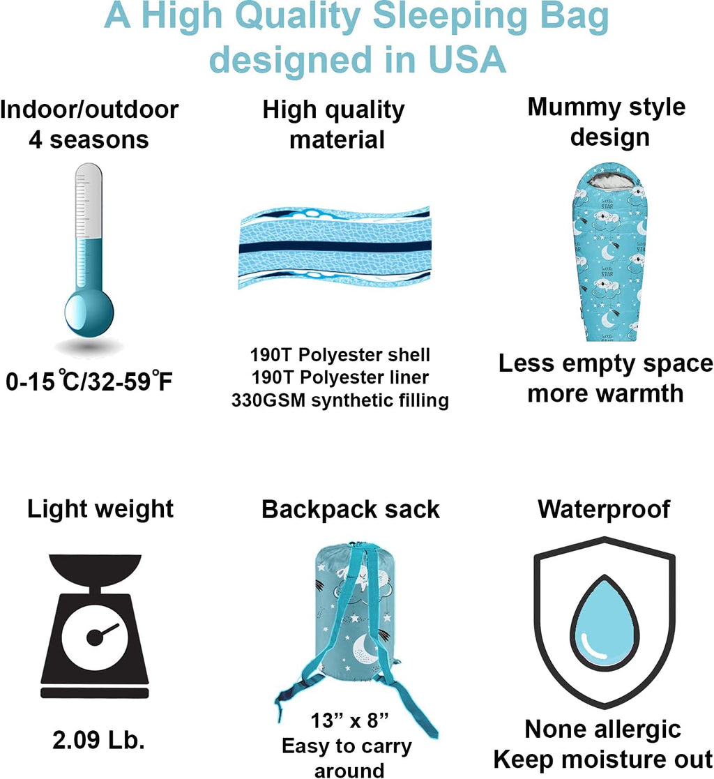 Lightweight Mummy Style Kids Sleeping Bag V638