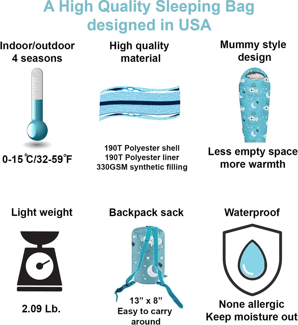 Lightweight Mummy Style Kids Sleeping Bag V638