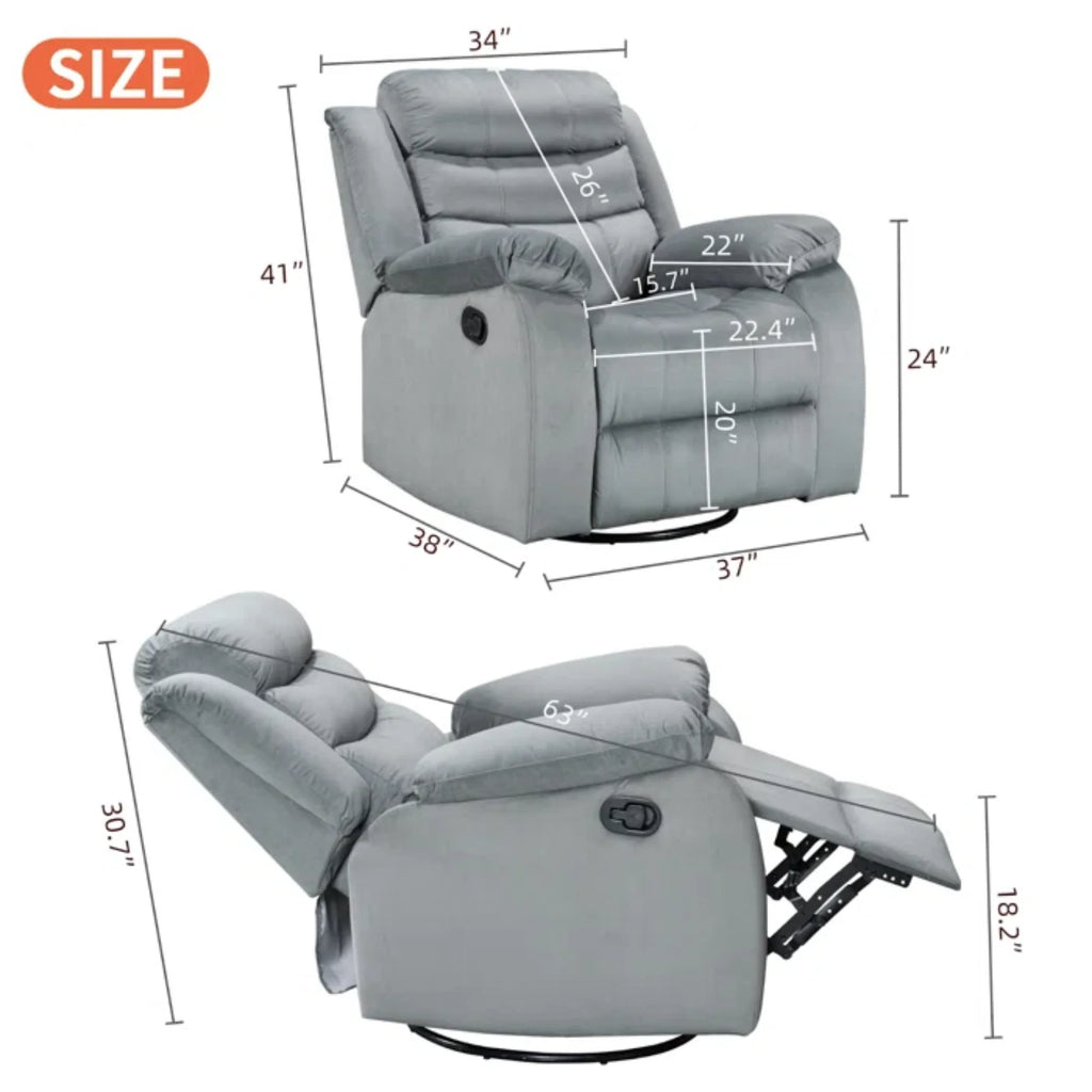 Gray Velvet Swivel Rocking Recliner Chair S54225