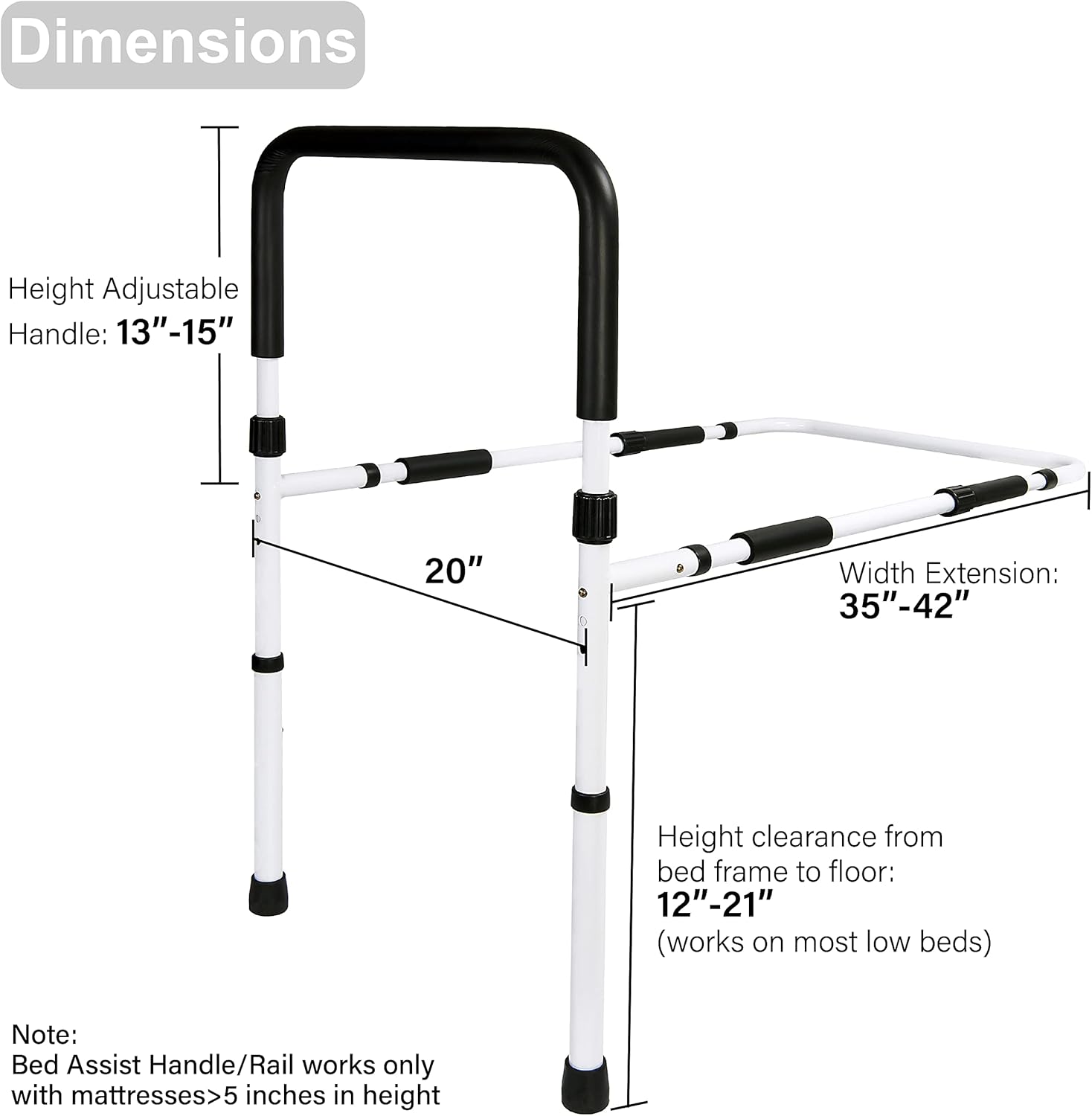 White/Black Adjustable Bed Assist Rail Handle Grab Bar, Pack of 2 L458
