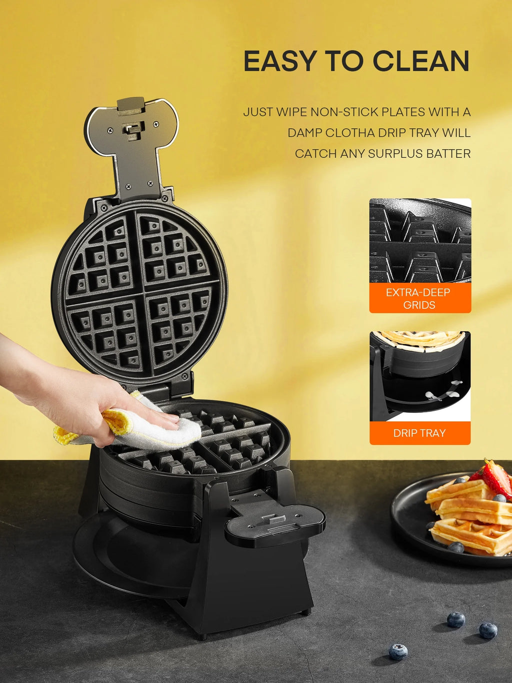 Double Belgian Waffle Maker 180° Flip 1400W Nonstick Black U40123