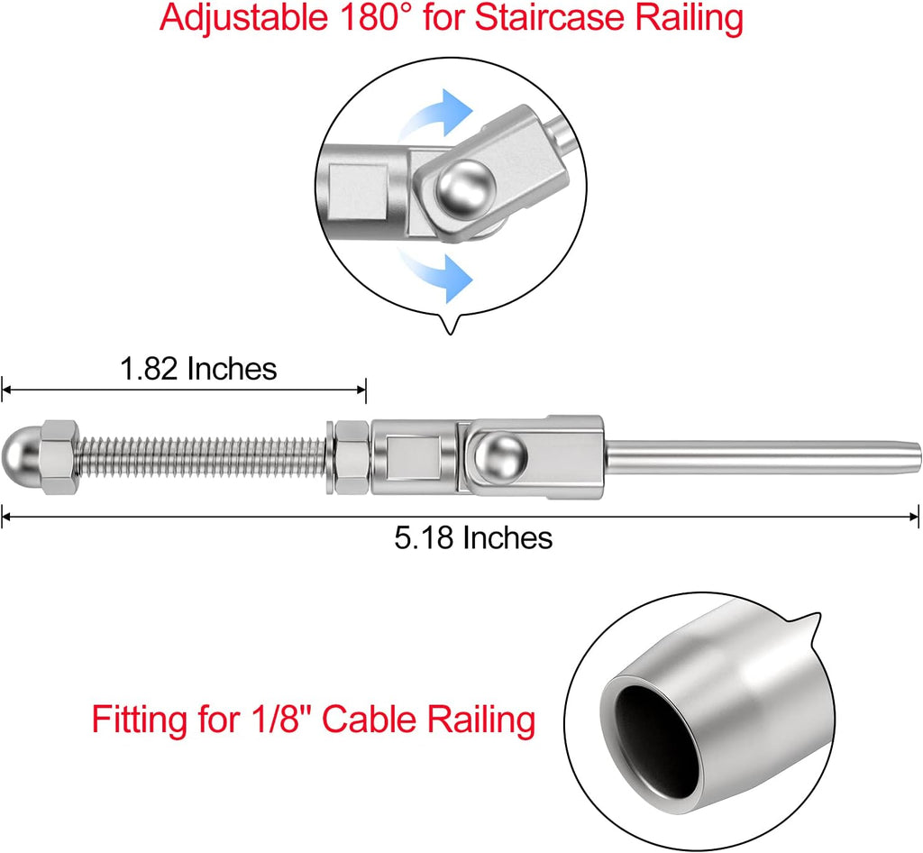 20 Pack T316 Stainless Steel 180° Adjustable Angle Cable Railing Swage Threaded Stud Tension End Fitting for 1/8 Wire Rope Hardware Wood Post Pack of 2 V28934