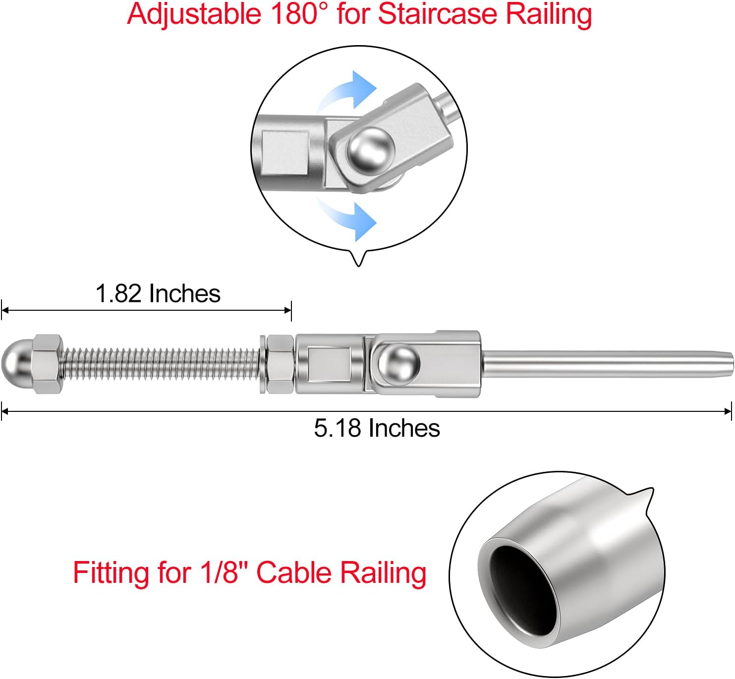 20 Pack T316 Stainless Steel 180° Adjustable Angle Cable Railing Swage Threaded Stud Tension End Fitting for 1/8 Wire Rope Hardware Wood Post Pack of 2 V28934