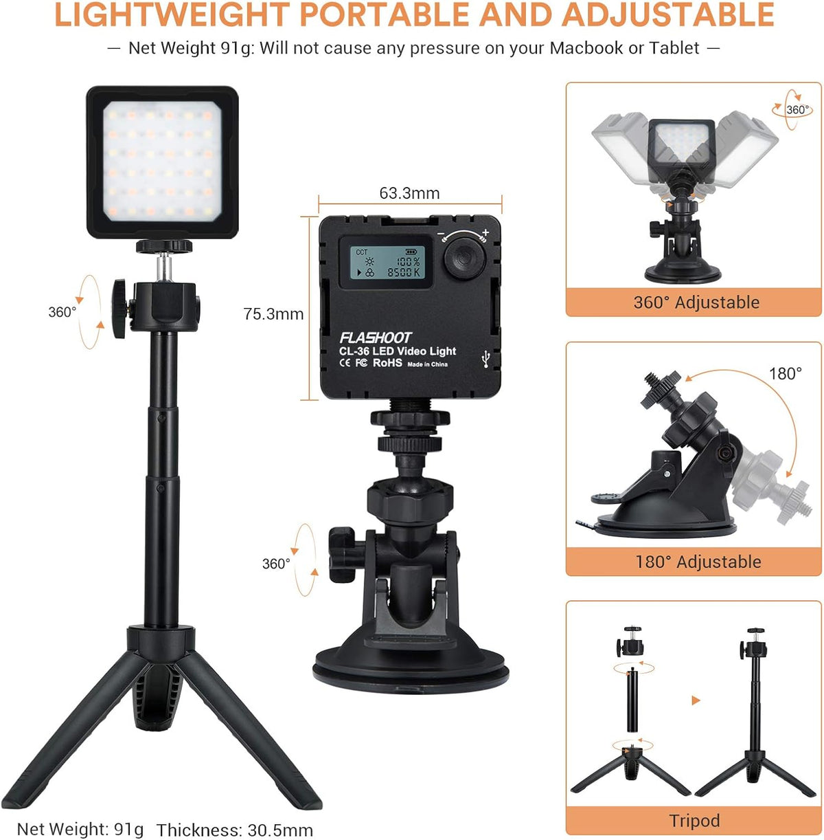 Conference Lighting Kit with Tripod & Suction Cup, Mini LED Video Light A323126