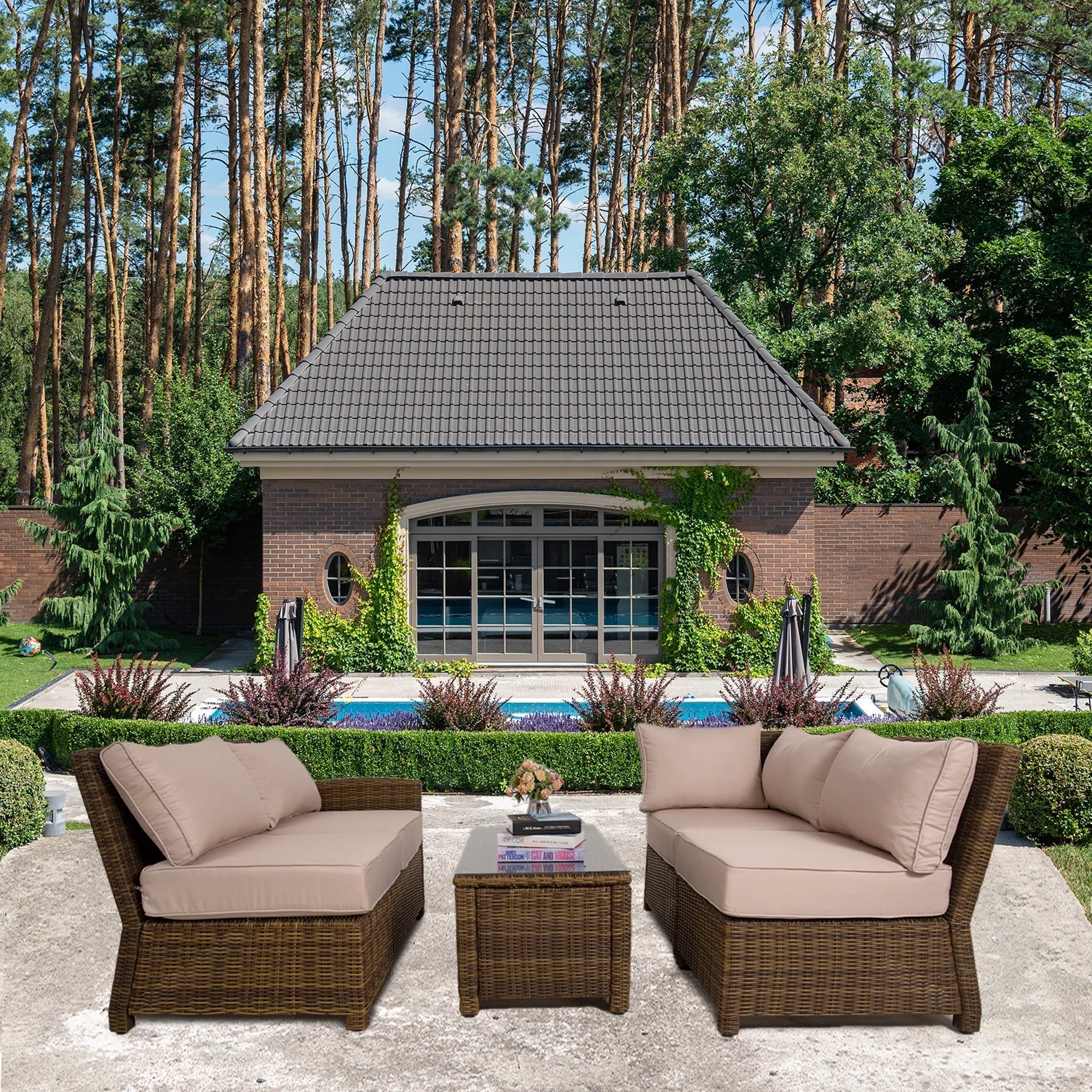 4-Piece Rattan Sectional Sofa Set with Beige Cushions Table N321326