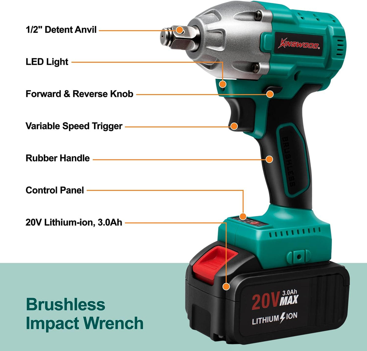 Cordless Impact Wrench, 1/2 Chuck, 3100RPM, 320 ft-lbs, 20V 2x3.0AH Battery V1689