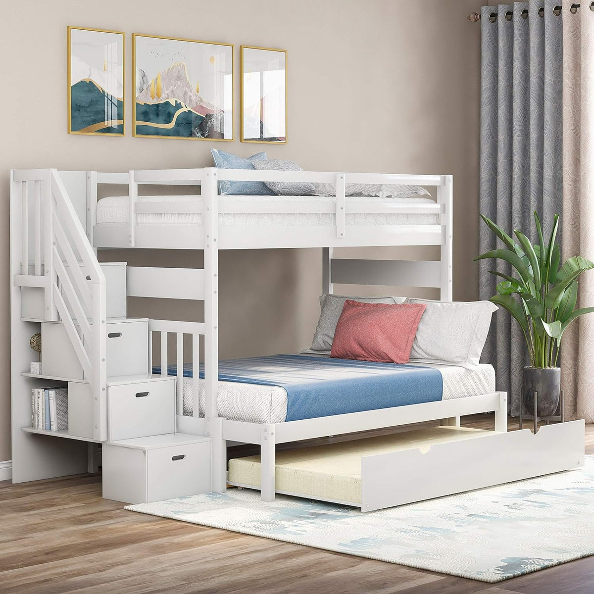 Twin Over Pull-Out Bunk Bed with Two Drawers Wooden Gray D5631
