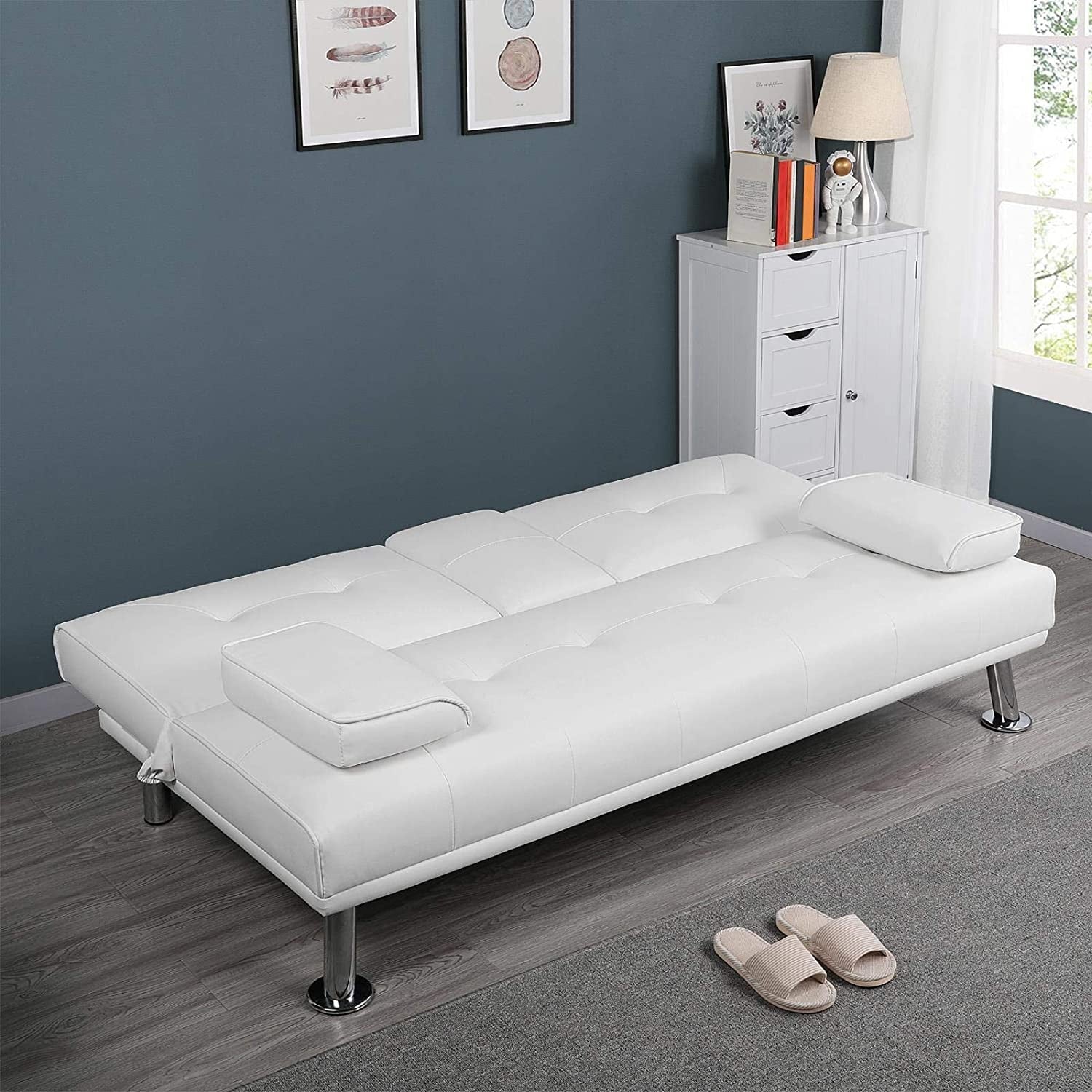 White Faux Leather Futon Set Convertible Sleeper Loveseat Daybed B149642