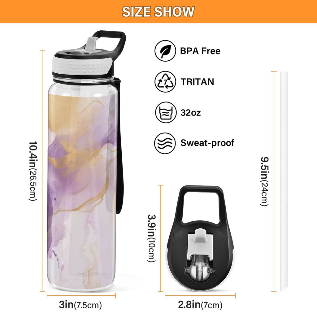 Purple and Gold Marble 32oz Tritan Leakproof Water Bottle with Straw Q755871