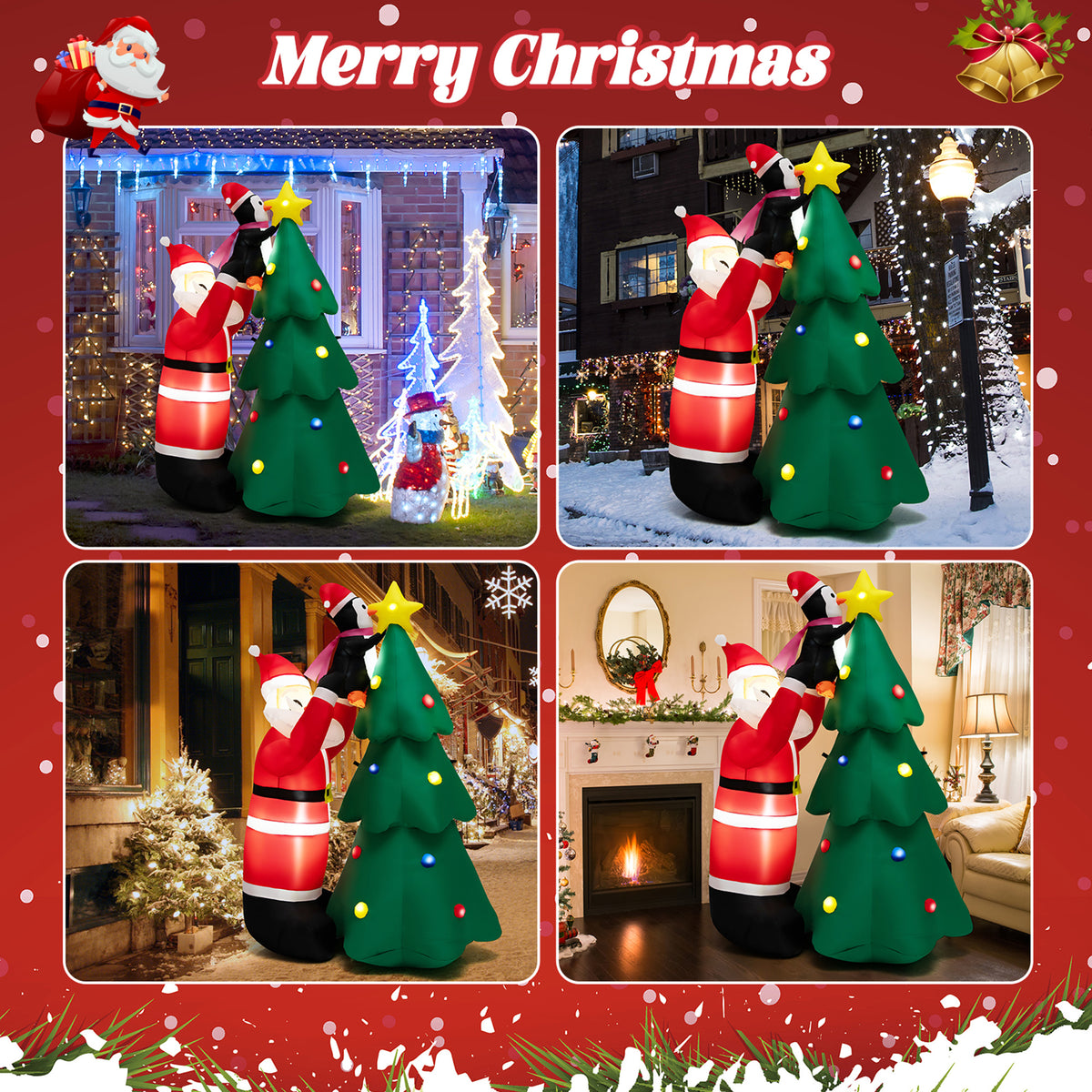6FT Christmas Inflatable Tree Santa Claus & Penguin Decor with LED Lights E946758