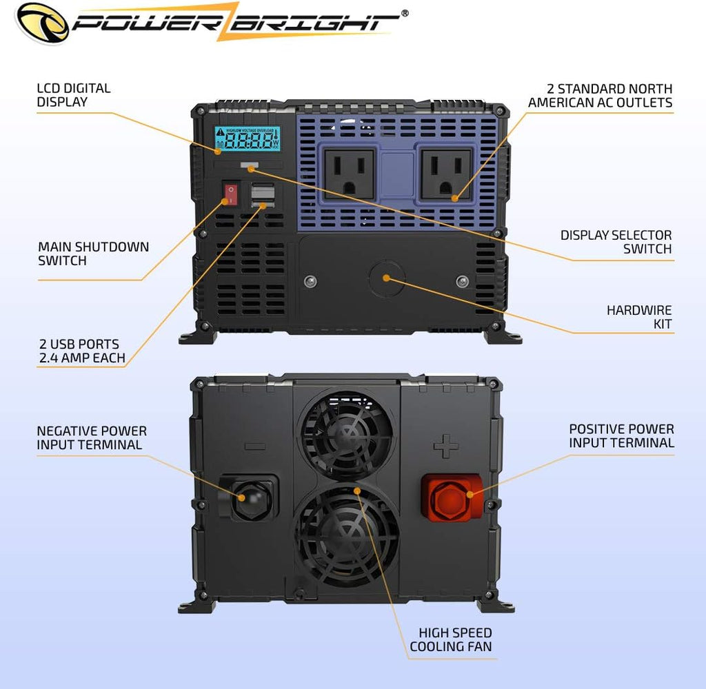 4000 Watts Modified Sine Wave Power Inverter 12V to 110V DC to AC Converter with Dual AC Outlets and 2 USB Ports D2734