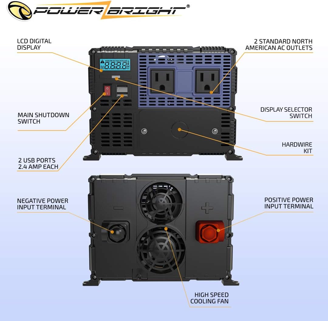 4000 Watts Modified Sine Wave Power Inverter 12V to 110V DC to AC Converter with Dual AC Outlets and 2 USB Ports D2734