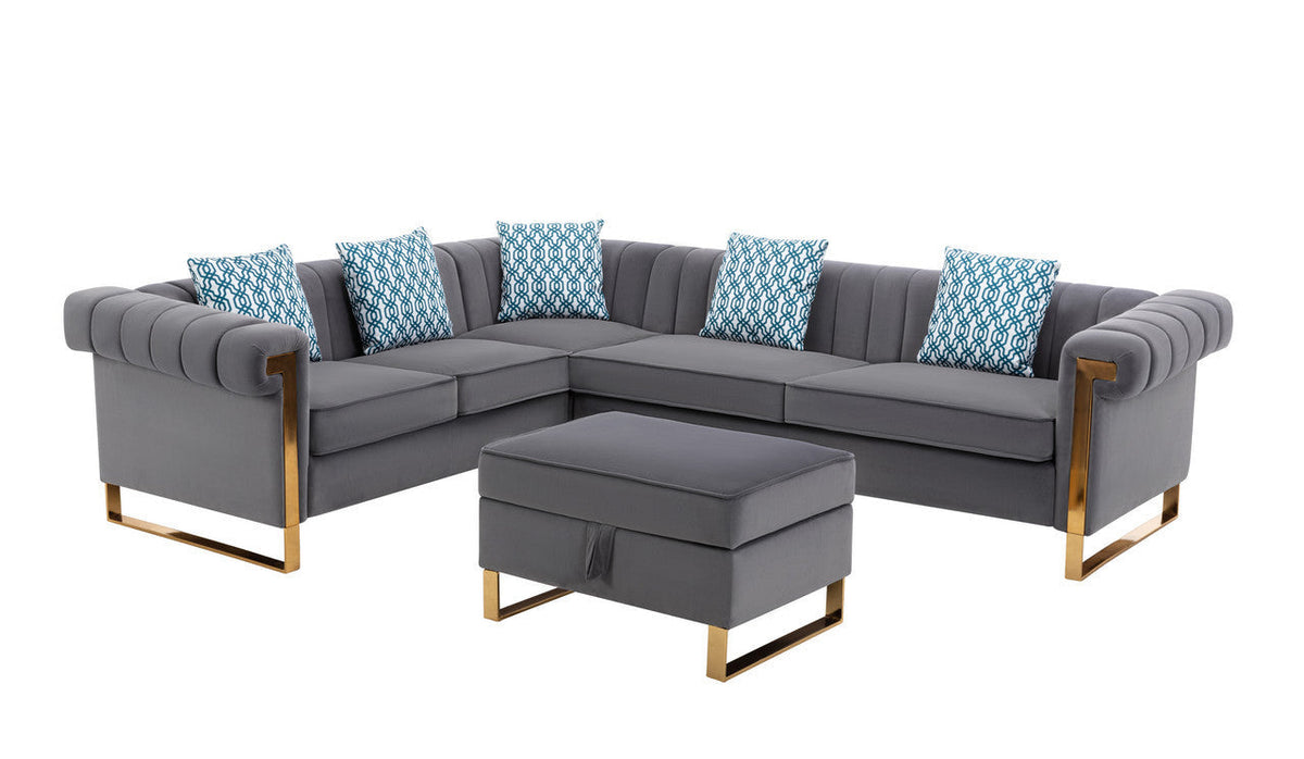 Gray Velvet 6-Seater Sectional Sofa with Storage Ottoman L551