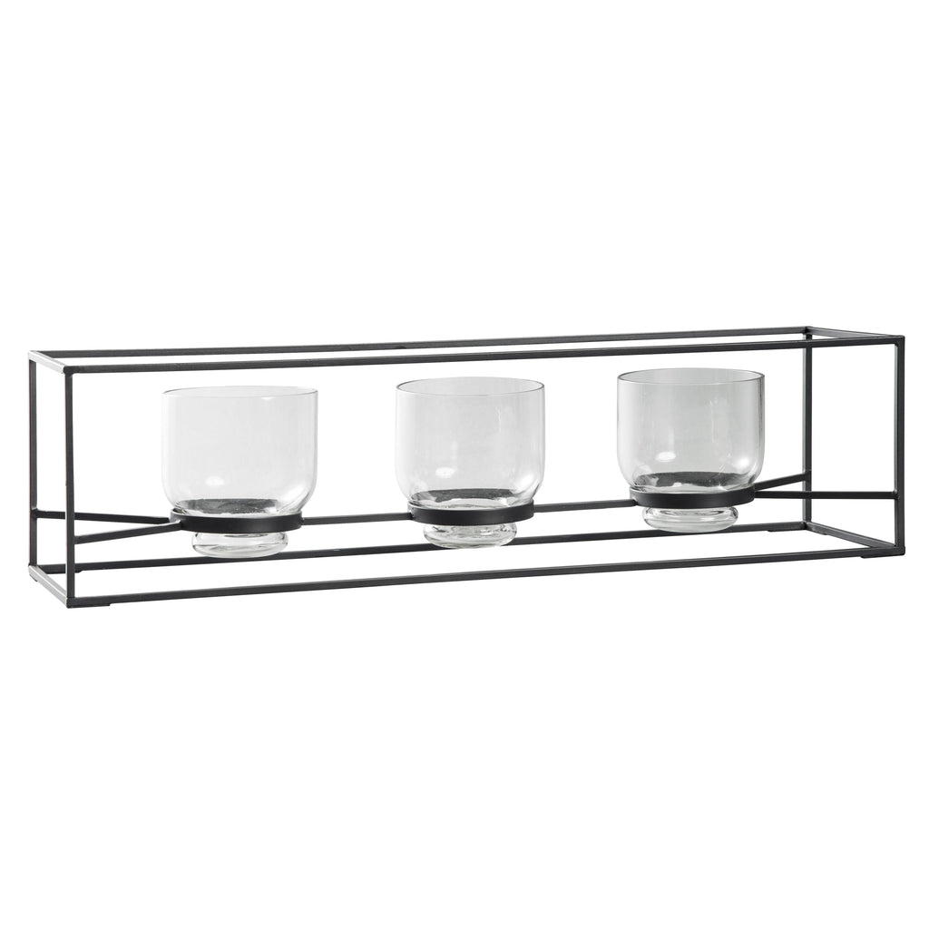 3 Glass Hurricane Candle Holders with Metal Frame, Black and Gold I55605