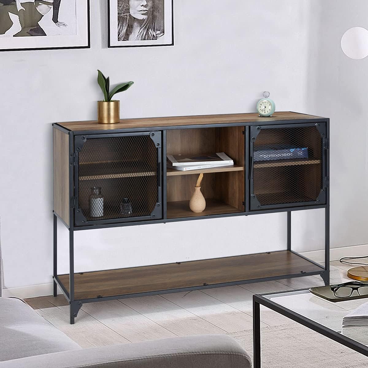 Rustic Brown Kitchen Storage Cabinet with Metal Mesh Doors and Adjustable Shelves S769