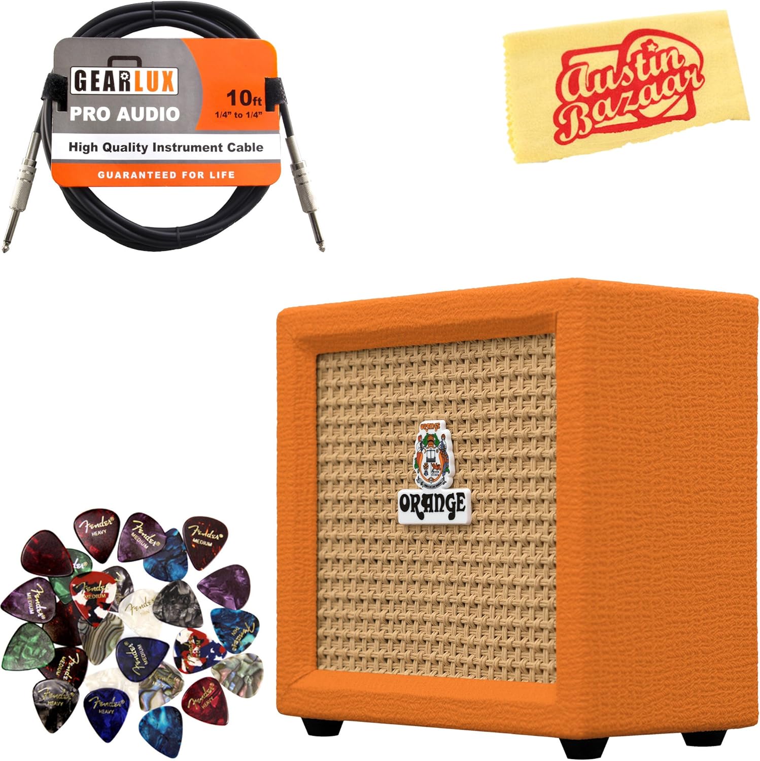 Orange Crush Mini Guitar Combo Amplifier Bundle with Power Supply, Instrument Cable, 24 Picks, and Polishing Cloth U144