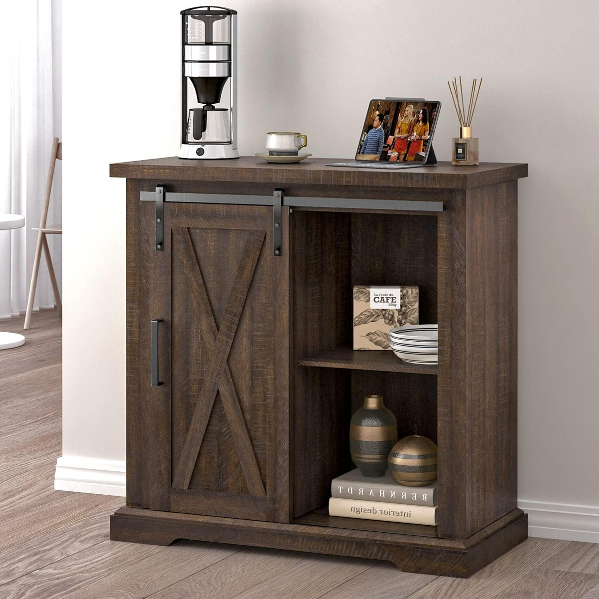 Farmhouse Accent Cabinet with Sliding Barn Door & 4 Adjustable Shelves, Rustic Walnut N87673