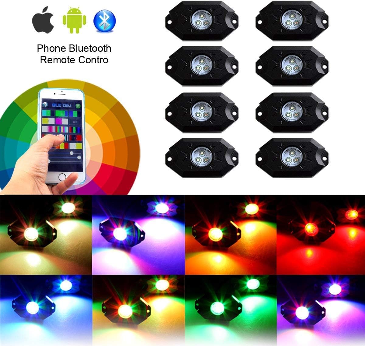 8 Pods RGB LED Rock Lights with Bluetooth Controller, IP68 Waterproof F322