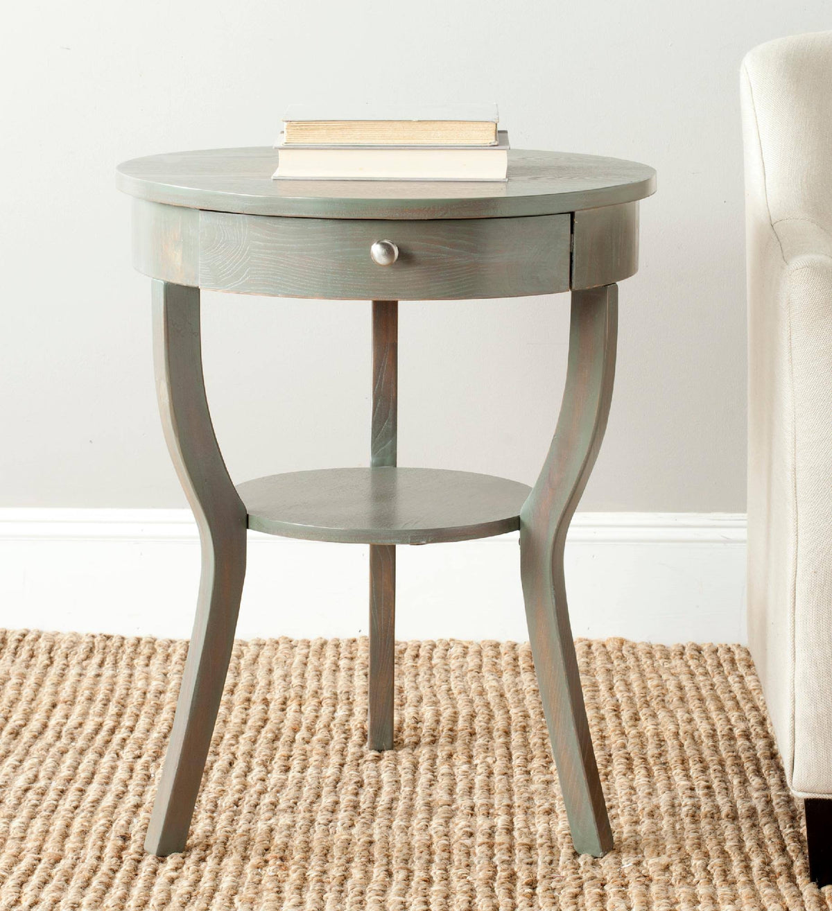 Dark Teal Round Pedestal Drawer End Table L25483