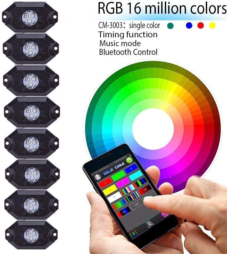 8 Pods RGB LED Rock Lights with Bluetooth Controller, IP68 Waterproof F322