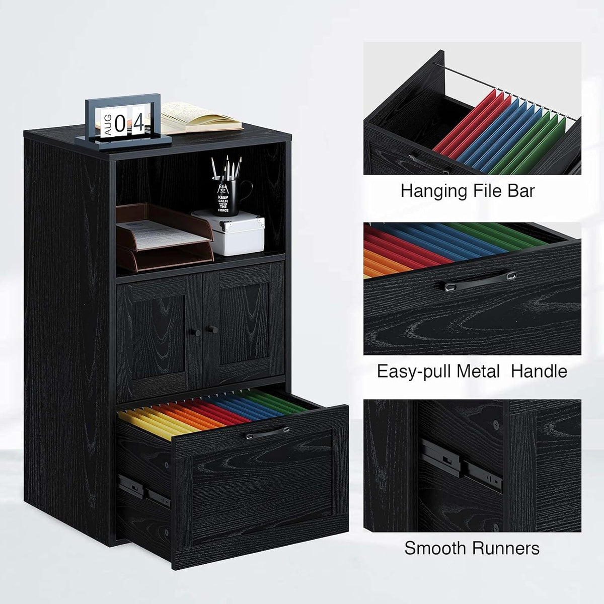 Black File Cabinet with Drawer and Storage Shelf M845