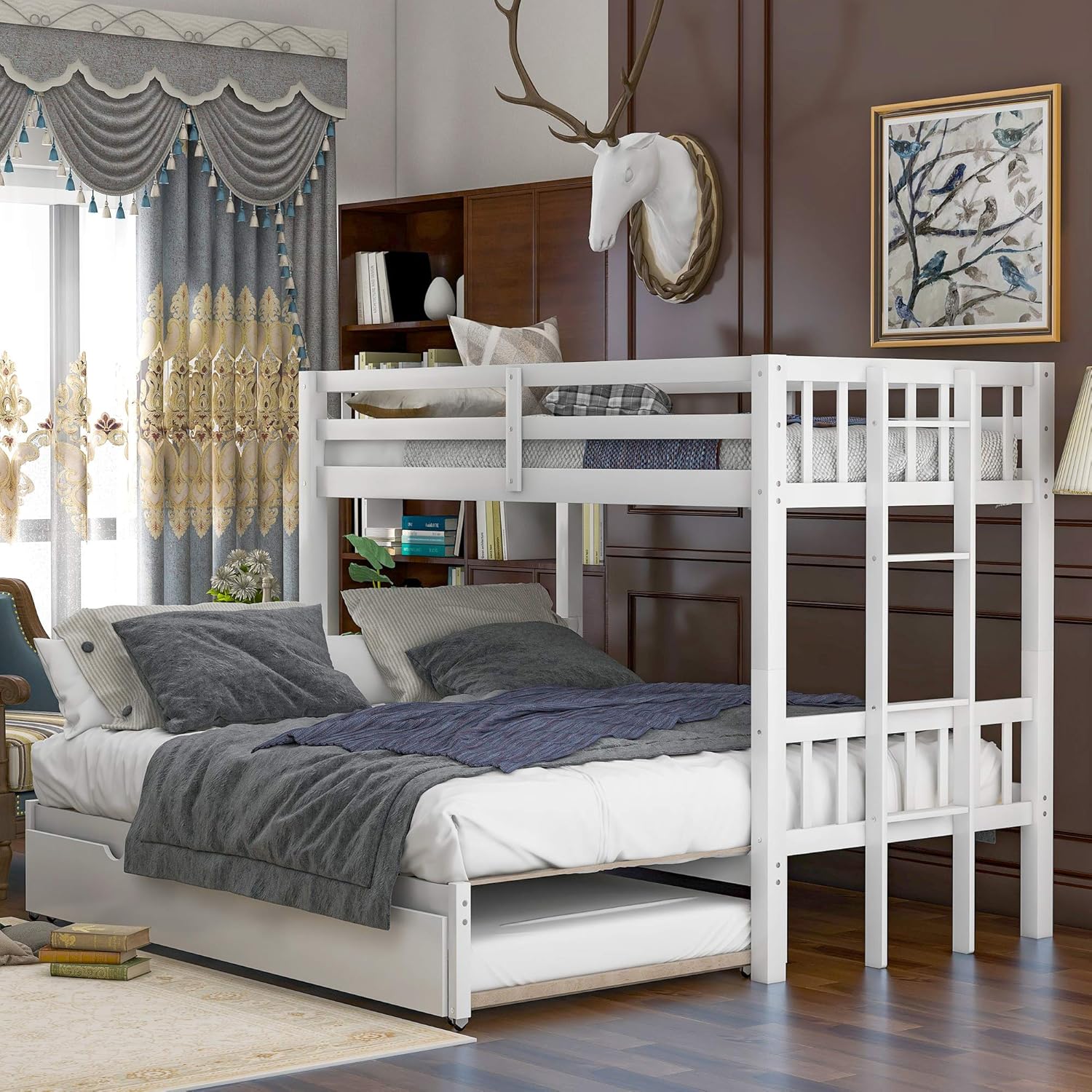 Twin Over Pull-Out Bunk Bed with Two Drawers Wooden Gray D5631