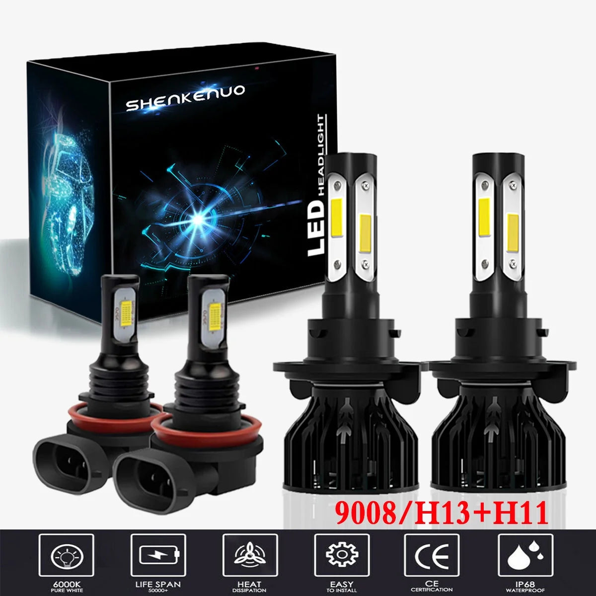 For Kia Soul 2014-2019 Headlights, 9008/H13 High and Low Beam Bulbs, H11 Fog Lights, 4pcs A933