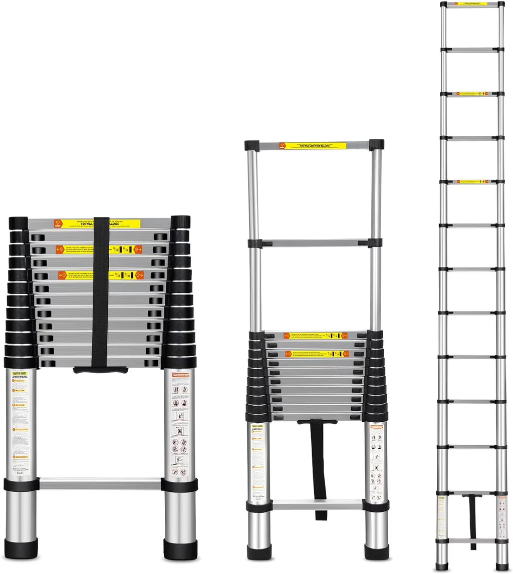 Telescoping Ladder, 12.5FT Aluminum Extension Ladder with Non-Slip Feet, 330lbs Capacity V63483
