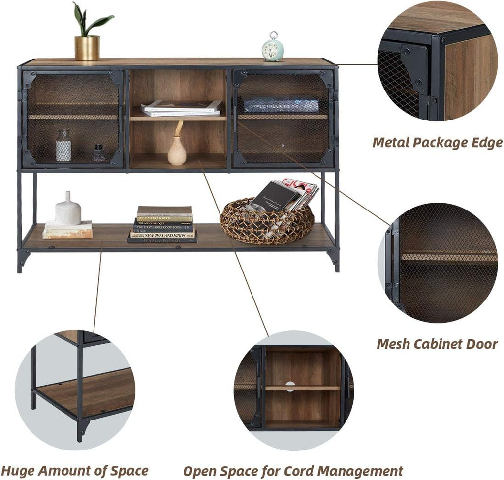 Rustic Brown Kitchen Storage Cabinet with Metal Mesh Doors and Adjustable Shelves S769