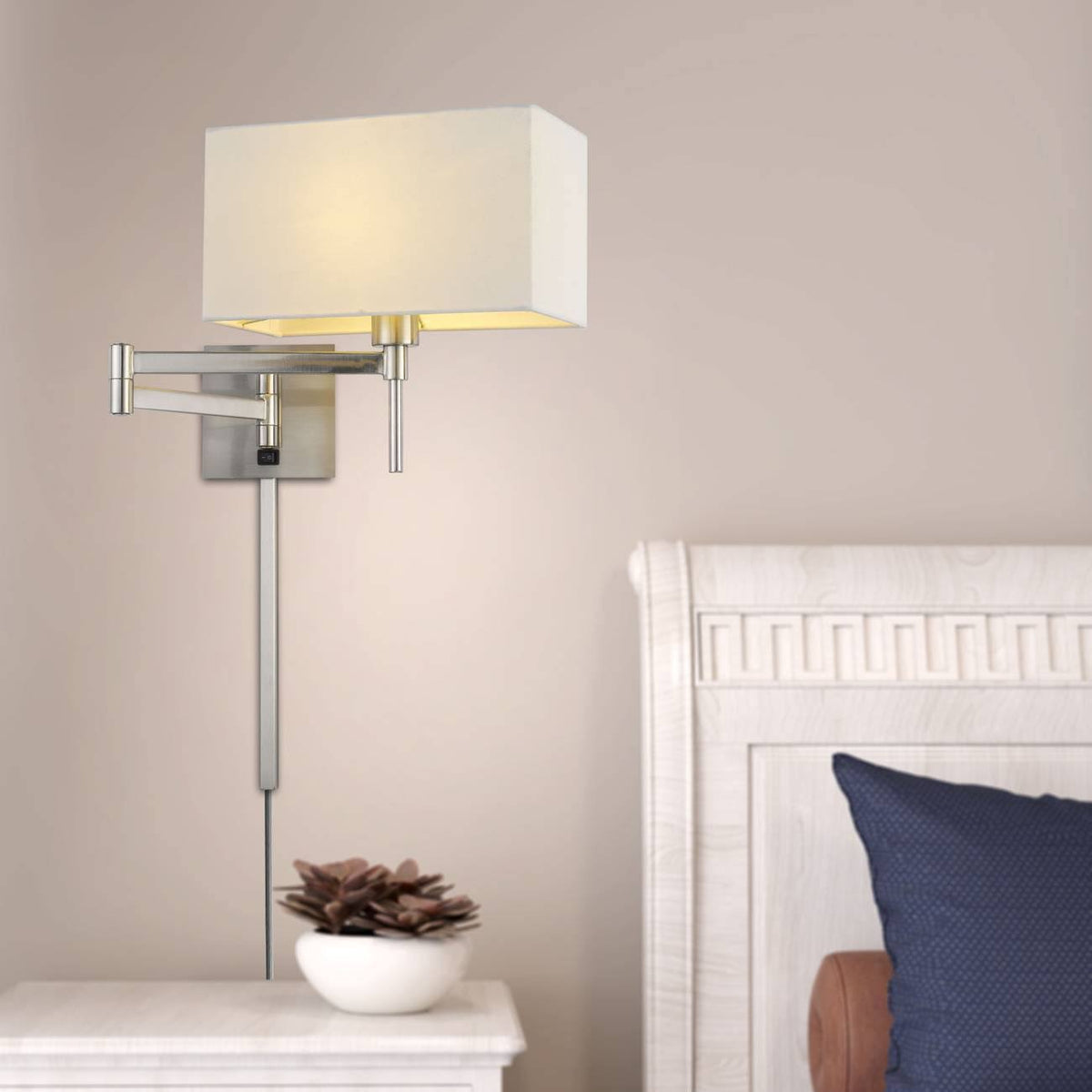 12x22 Wall Swing Arm Reading Lamp with Fabric Shade Brushed Steel X61870