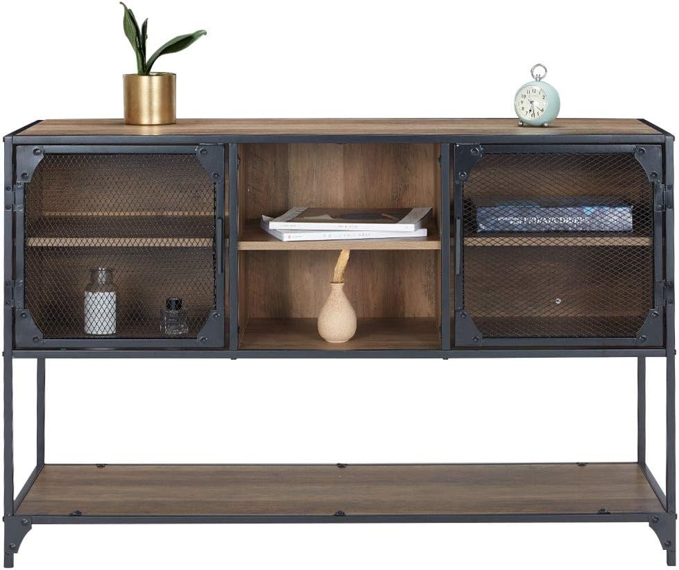 Rustic Brown Kitchen Storage Cabinet with Metal Mesh Doors and Adjustable Shelves S769