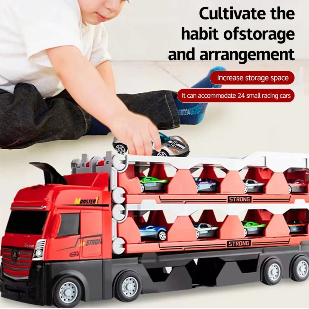 Mega Hauler Truck with Ejection Race Track, Folding Storage Transporter Toy with 8 Cars L30821