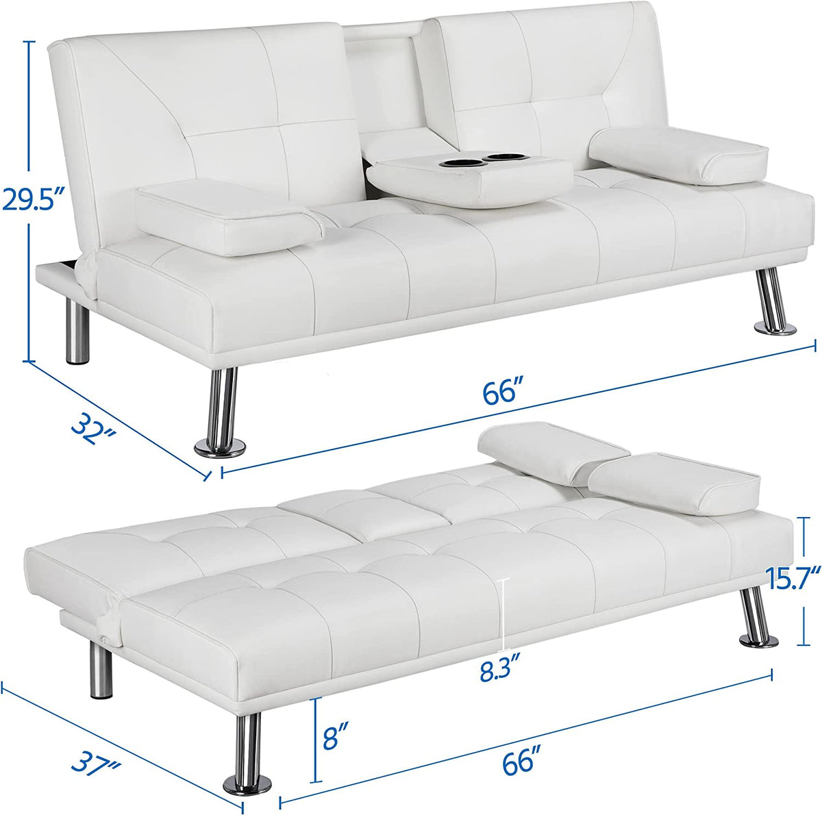 White Faux Leather Futon Set Convertible Sleeper Loveseat Daybed B149642